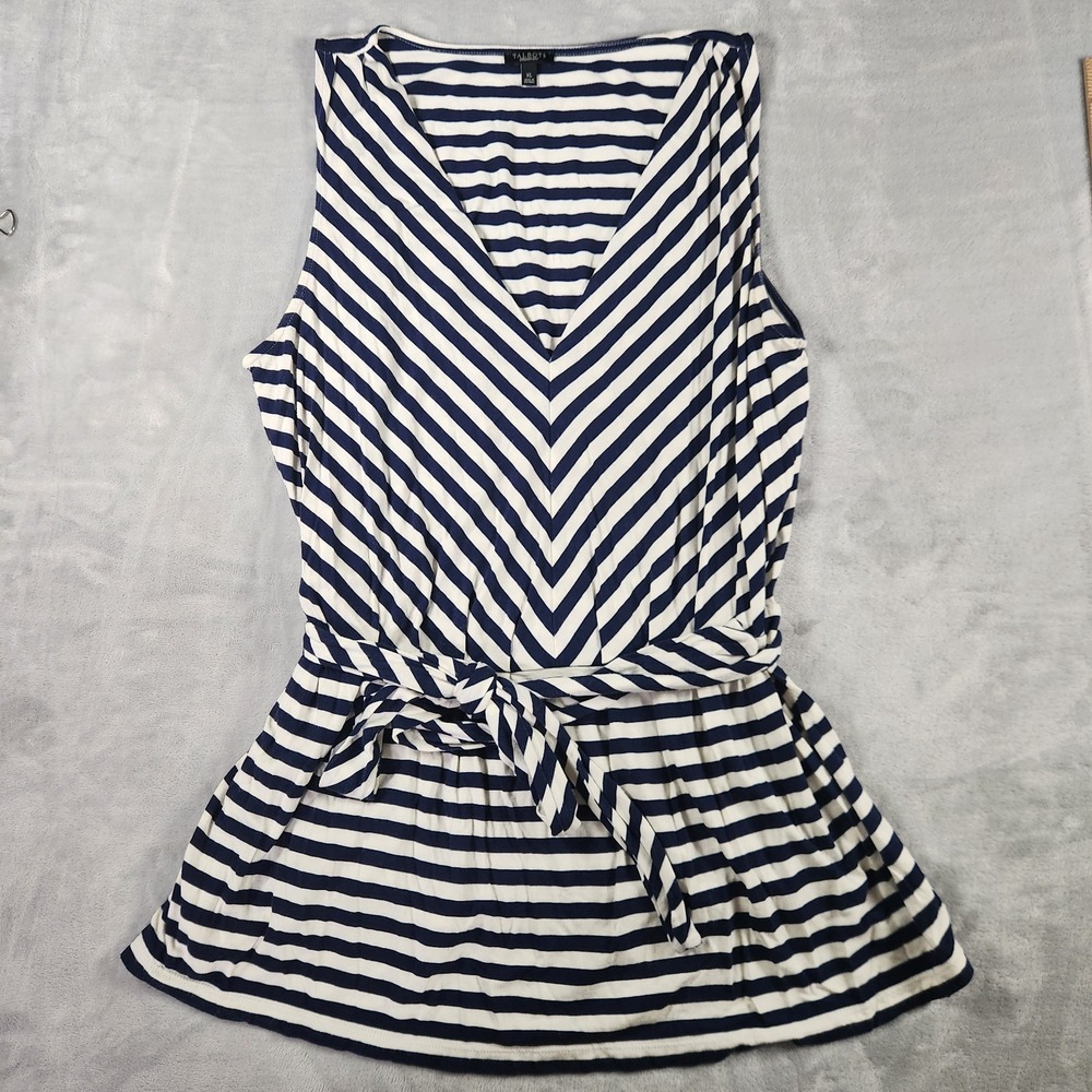 Talbot Women XL Navy & Cream Sleeveless Belted V Neck Drop Waist Top
